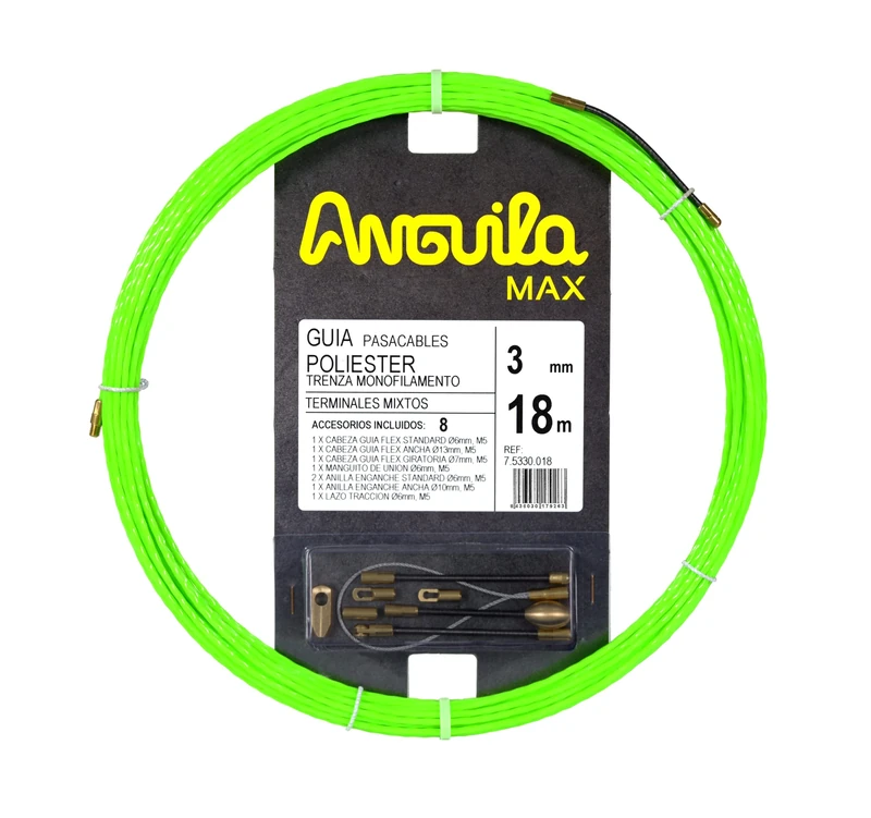 Anguila Max | Cable Groove Guide | Narrow Tubes | Monofilament | Braided Polyester | Mixed Terminals | Green Color | Diameter 3 mm | 18 m