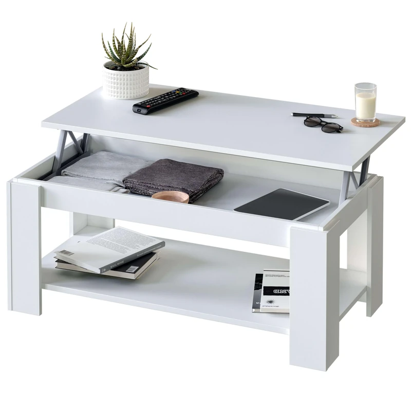 Coffee table with magazine rack, Lifting table, dining room furniture table, Artik White Finish, Measurements: 102 cm (Length) x 43/54 cm (Height) x 50 cm (Depth)
