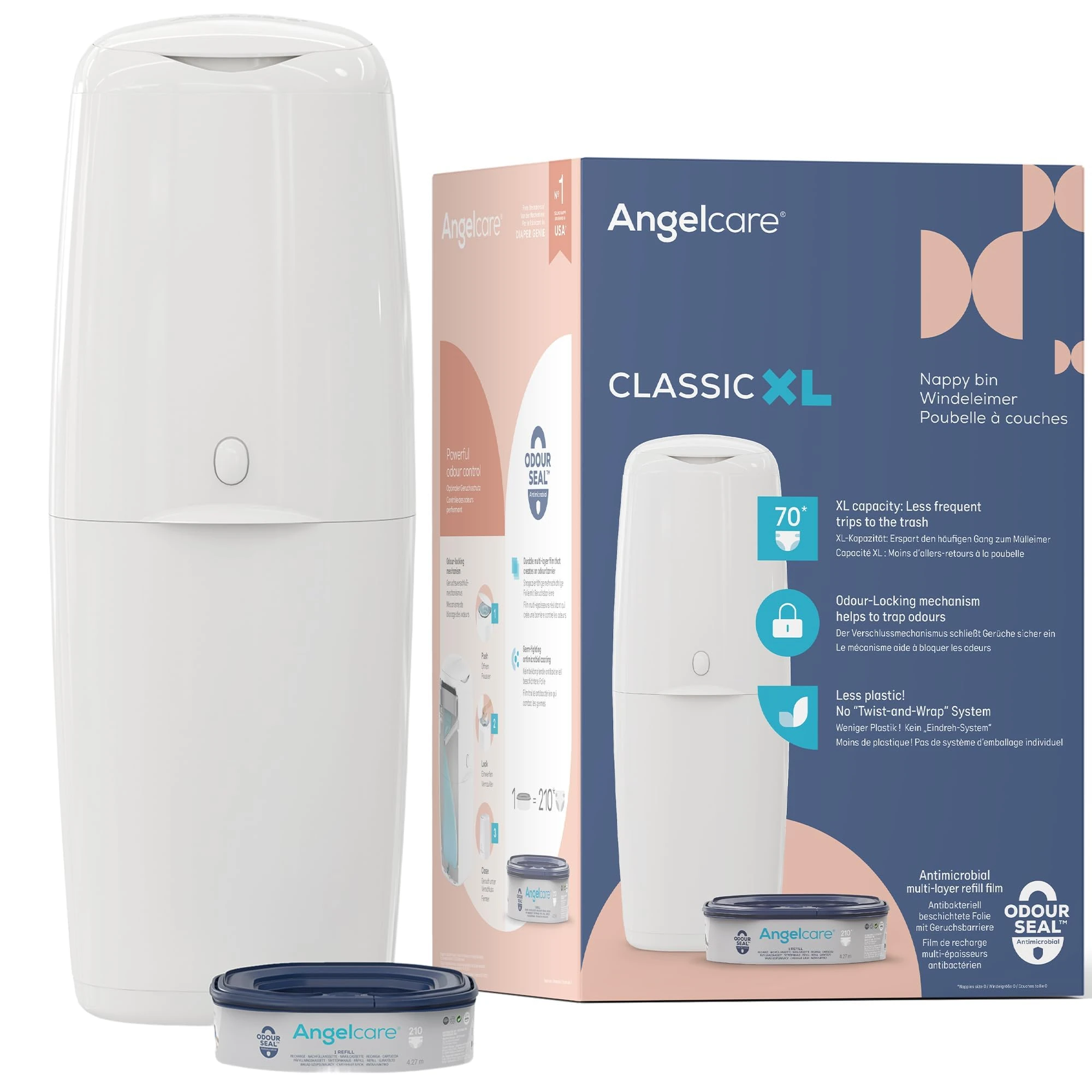 Angelcare Classic XL Nappy Bin - holds up to 70 nappies – simple no twist refills – for less film use – get more nappies per cassette and save! Includes 1 octo refill cassette