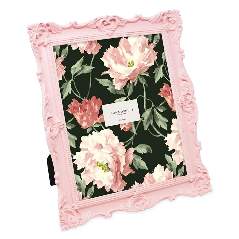 Laura Ashley 8x10 Pink Ornate Textured Hand-Crafted Resin Picture Frame with Easel & Hook for Tabletop & Wall Display, Decorative Floral Design Home Décor, Photo Gallery, Art, More (8x10, Pink)