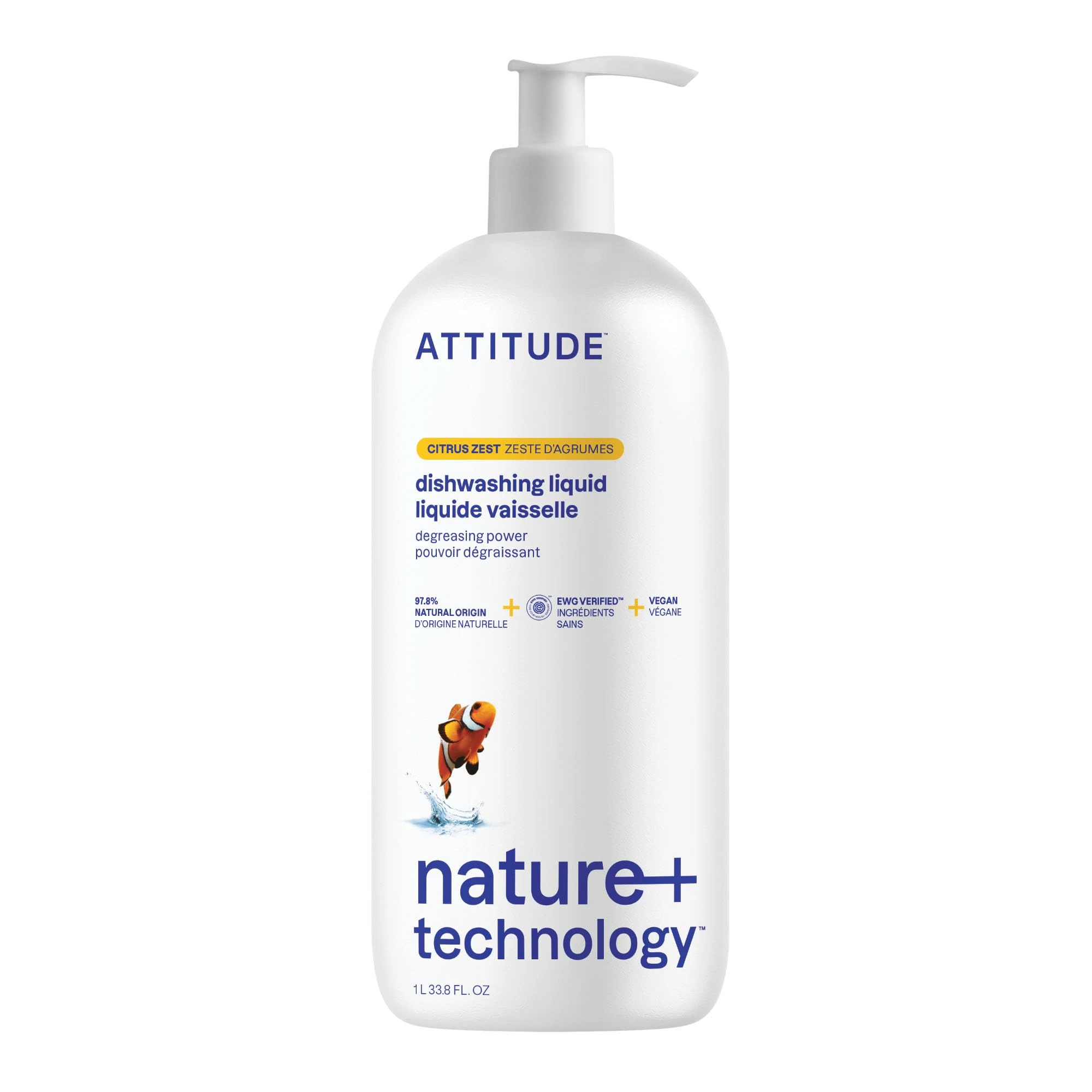ATTITUDE Washing Up Liquid, EWG Verified, Plant-Based & Vegan Dish Soap, Naturally Derived, Citrus Zest Scent, 1 Liter