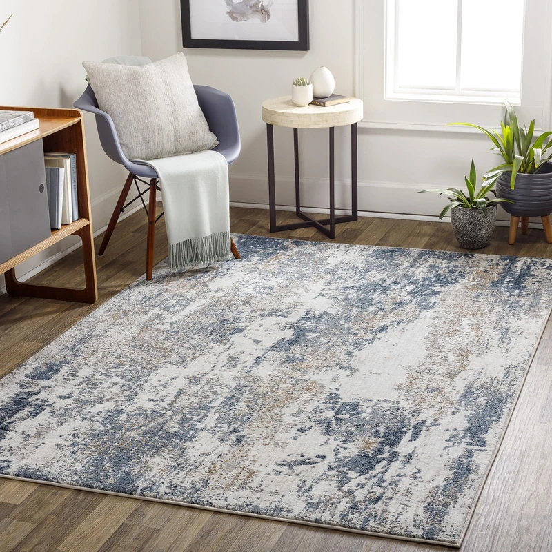 Livabliss Noello Abstract Area Rug, 200 x 275 cm, Sky Blue, Tan & Ivory, 100% Polyester Medium Pile, Durable Jute Backing, Machine Woven Indoor Carpet for Living Room, Bedroom & Dining Room