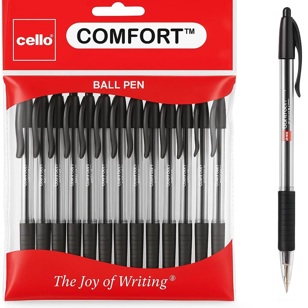 Cello Comfort Ballpoint Pens - Premium Retractable Biro Pens with Ergonomic Grip, Medium Point 1.0mm, Black Ink, Pack of 12 - Ideal for Office, School & Home Writing