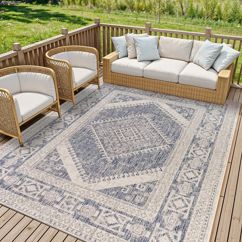 Livabliss Karba Indoor Outdoor Rug - Large Boho Rugs for Living Room 200x275 cm Dining, Kitchen Carpet, Patterned Neutral and Coloured Rugs, Waterproof, Stain Durable - Cream, Taupe, Blue