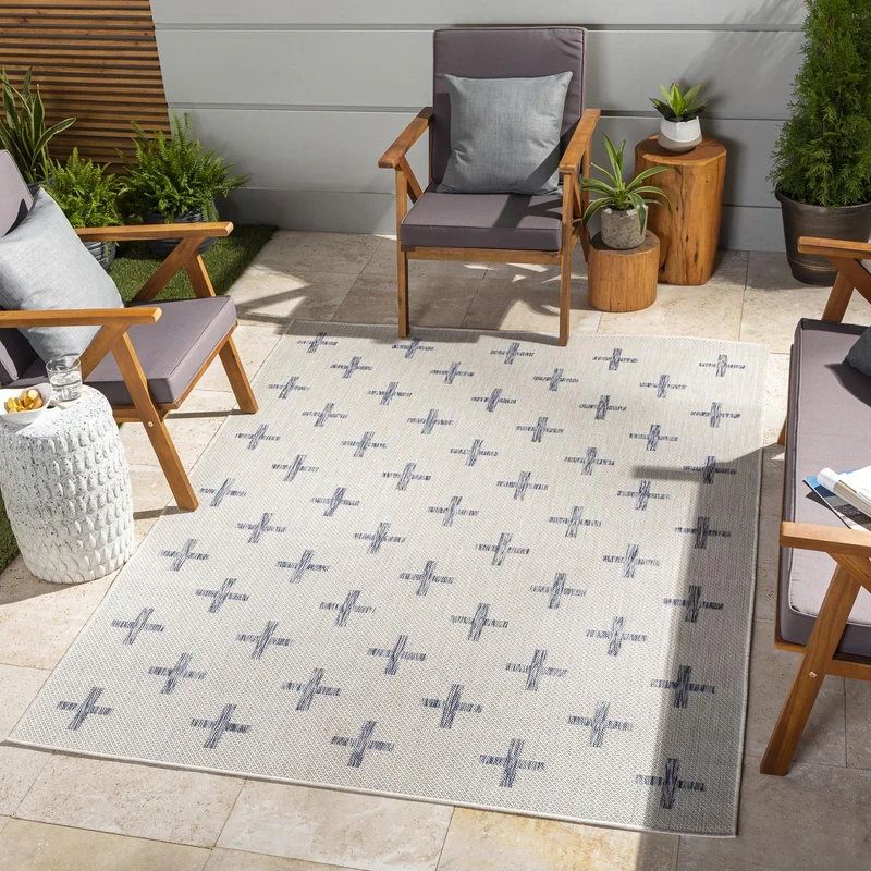 Livabliss Sannat Indoor Outdoor Rug - Large Boho Rugs for Living Room 200x275 cm Dining, Kitchen Carpet, Patterned Neutral and Coloured Rugs, Waterproof, Stain Durable - Cream, Dark Blue