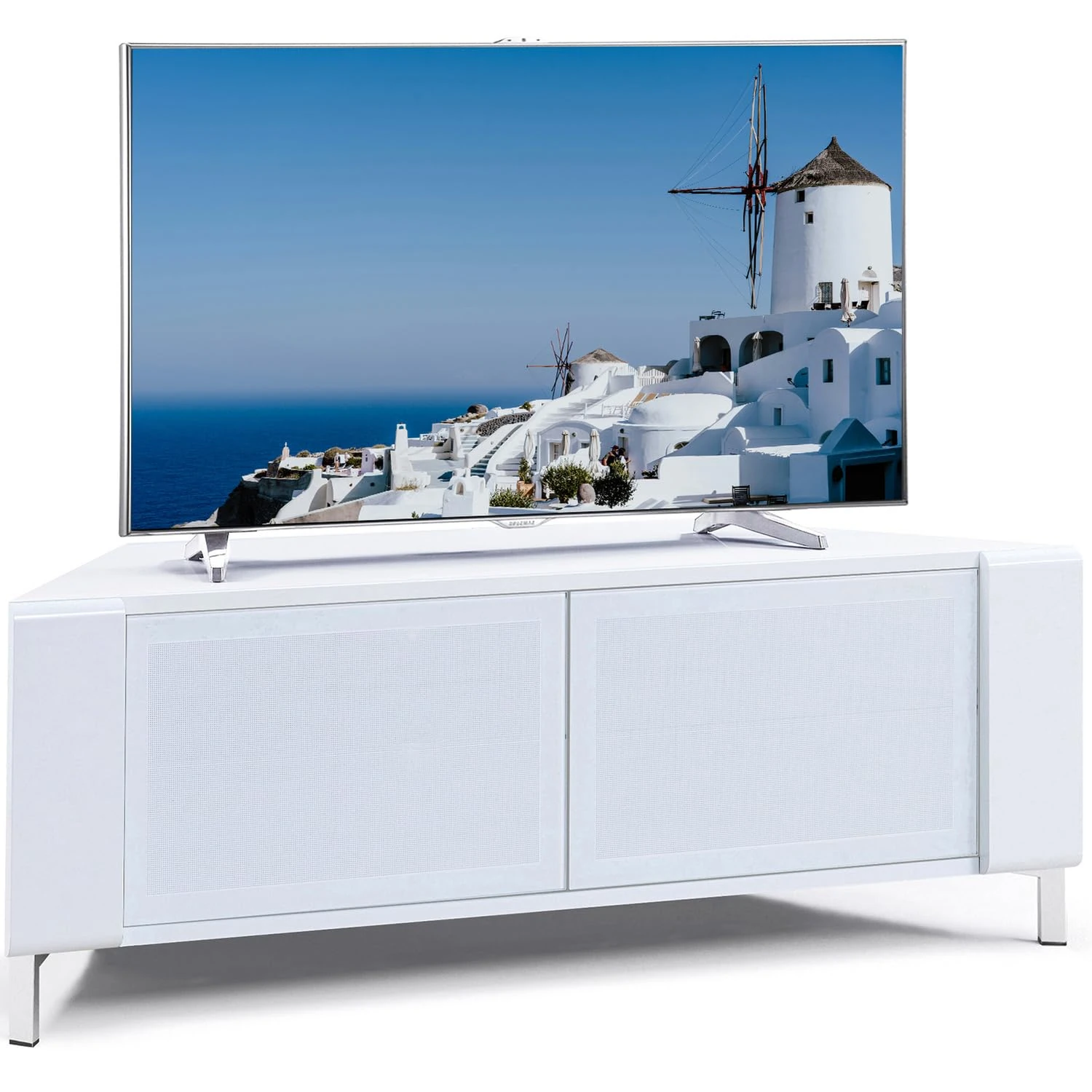 MDA Designs CORVUS Corner-Friendly Gloss White Contemporary Cabinet BeamThru Glass Doors Suitable for Flat Screen TVs up to 50"