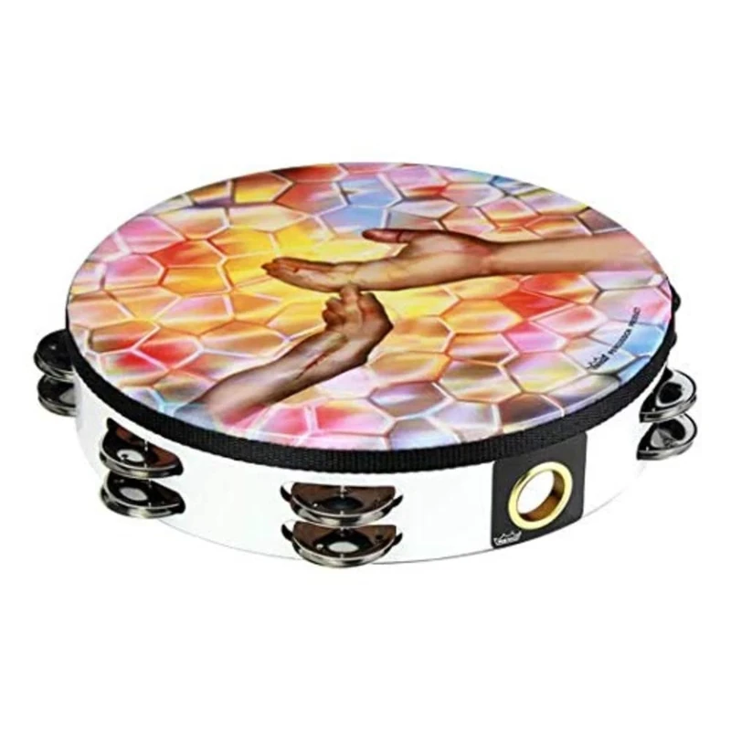 Remo World Percussion Praise Tambourine 10" Double Row – Design: Touching Hands, Acousticon Frame, White, 8 Jingle Pairs, Pre-tuned, Lightweight – TA-9210-00-22