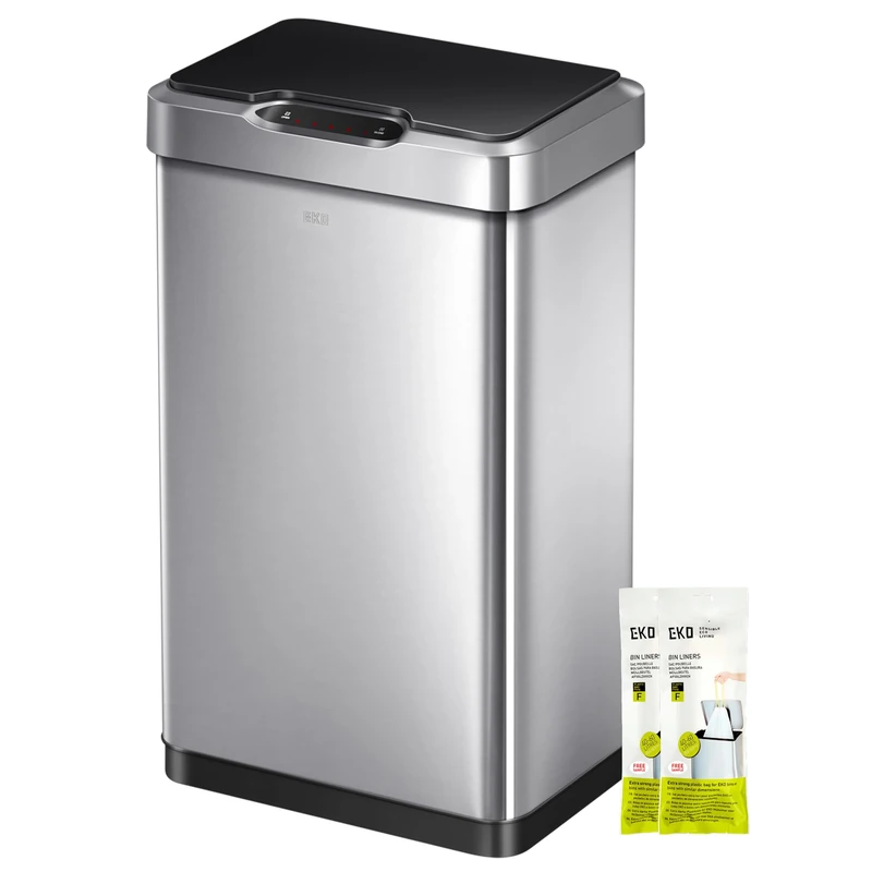 EKO Mirage-T 50L Touchless Sensor Bin, Fingerprint-Resistant Motion-Activated Rectangular, Silent Soft Close & Stay-Open Lid, Waste Bin for Home, Kitchen, and Office, Brushed Stainless Steel