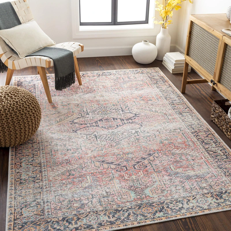Livabliss Rotterdam Machine Washable Rug - Vintage Area Rugs Living Room, Large Rug 160x213 cm - Traditional Boho Style, Dining Room, Kitchen, Outdoor, Hallway - Coral and Blue