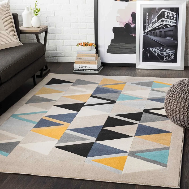 Livabliss Marietta Geometric Rug - Scandi Area Rugs Living Room 200x275 cm, Dining, Kitchen - Neutral, Abstract Patterned Rugs, Boho Style, Easy Care Pile - Large Rug,Beige, Yellow, Blue