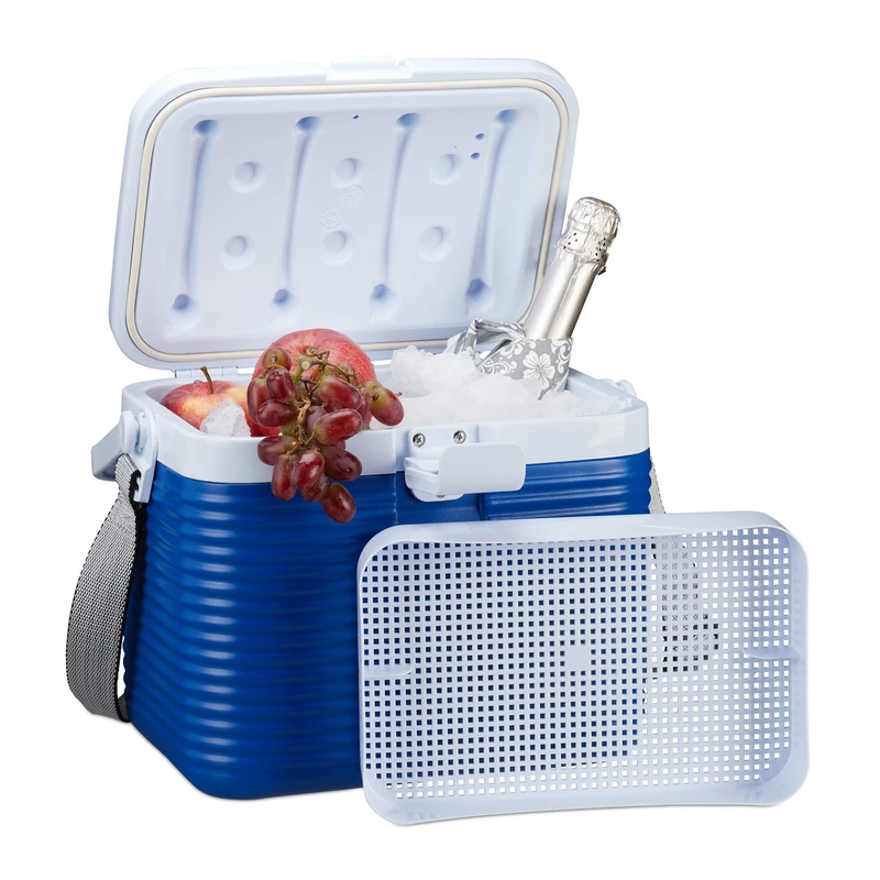 Relaxdays Small Cool Box, With Handle, Carry Strap, Plastic Cooler Bag, Non- Electric, 8L, 23.5 x 31 x 21 cm, White/Blue
