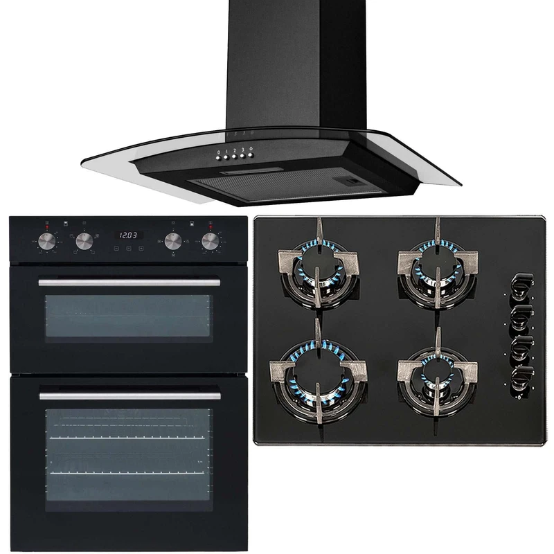 SIA 60cm Double Built In Electric Fan Oven, 4 burner Gas Hob & Curved Glass Hood