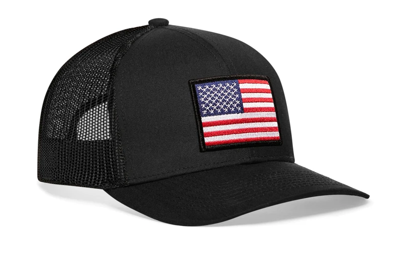 American Flag Hat USA - Trucker Mesh Snapback Baseball Cap, Black, One Size
