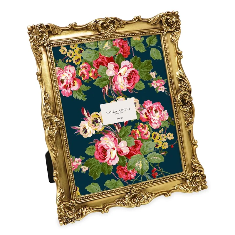 Laura Ashley 8x10 Gold Ornate Textured Hand-Crafted Resin Picture Frame with Easel & Hook for Tabletop & Wall Display, Decorative Floral Design Home Decor, Photo Gallery, Art, More (8x10, Gold)