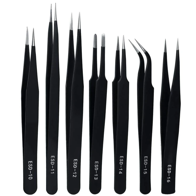 ZHIYE Precision ESD Anti-Static Tweezers, 7 pcs Stainless Steel Tweezers Set for Electronics, Jewelry-Making, Laboratory Work, Repairing, Hobbies