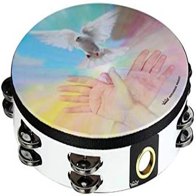 Remo World Percussion Praise Tambourine 10" Double Row – Design: Dove and Open Hands, Acousticon Frame, White, 8 Jingle Pairs, Pre-tuned, Lightweight – TA-9210-00-23