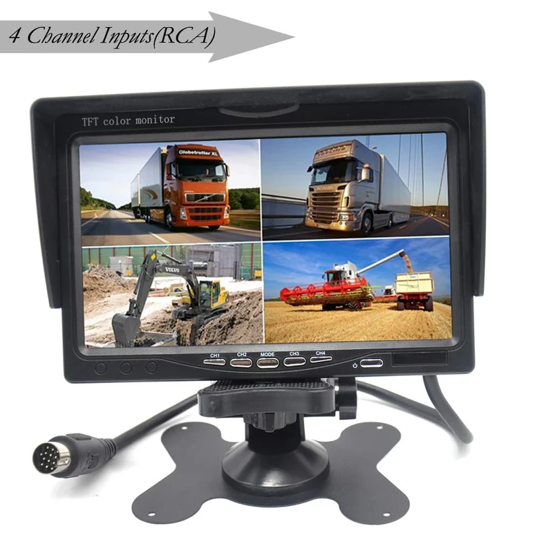 Pardarsey 7" TFT LCD Car Rearview Quad Split Monitor,Remote Control, 4 Channels RCA Video Inputs(4-PIN Shockproof Connector) - 12V-24V 800×480HD Screen w/Sunshade Anti-Glare