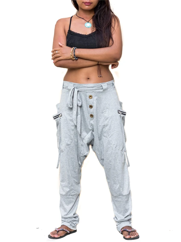 Thaluta Harem Pants Women Cotton Drop Crotch 2 Pockets Cyberpunk 4-12 US - Grey - One Size