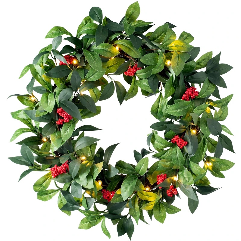 WeRChristmas Pre Lit Leaf & Berry Christmas Wreath with 20 Chasing Warm LED Lights, Multi-Colour, 2 feet/60cm