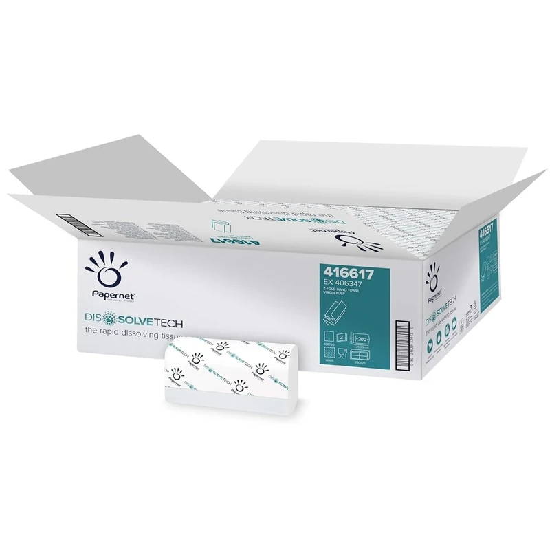 Papernet Dissolve Tech - Interleaved Z-Folded Towel 416617 - with Dissolve Tech Technology, Two Plies, 20 Packs of 200 per Clip, Size 24x20,3cm, Folded Size 20,3x8cm