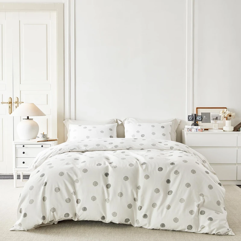 YuHeGuoJi Grey Polka Dots Duvet Cover Queen 100% Cotton White Geometric Duvet Cover 3 Pcs Set 1 Circle Patterned Duvet Cover with Zipper Ties 2 Pillowcases Modern Farmhouse Gray White Bedding Set Soft