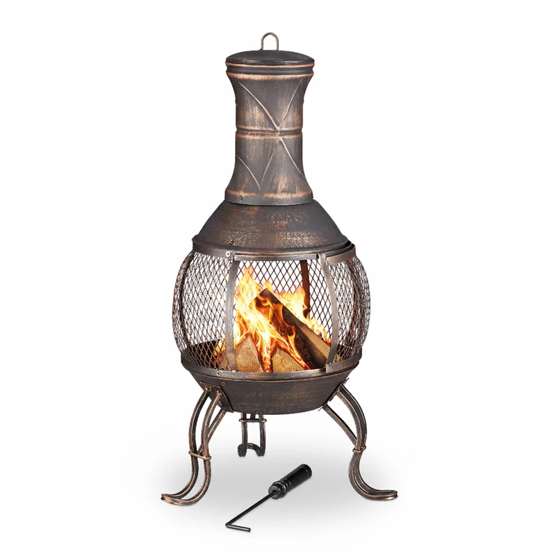 Relaxdays Chiminea, Fire Poker, Grate, Spark Guard, Garden, Patio, Antique Look Fire Pit, Height 89 cm, Bronze