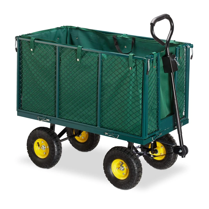 Relaxdays Garden Hand Cart, Large Trailer with Folding Side Panels, Removable Tarp with Handles, Up to 500 kg, Green, Steel, 83 x 51 x 113 cm