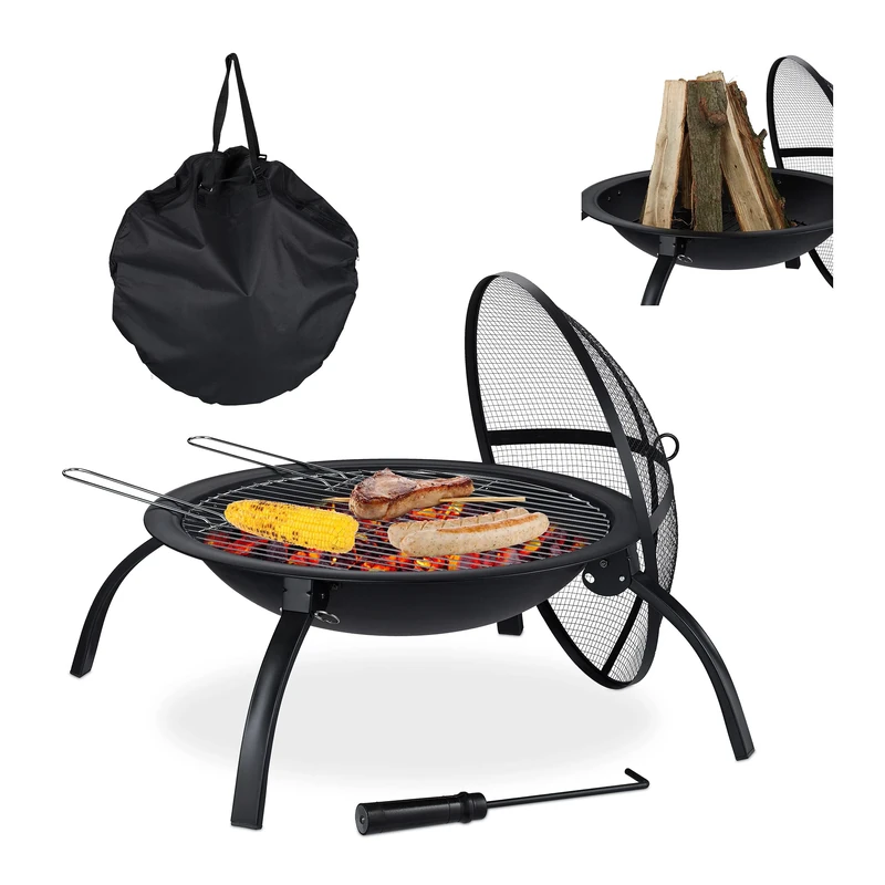 Relaxdays XL Fire Pit, Grate, Poker, Spark Screen, Lid, with Bag, Garden, Patio, Fire Bowl D 56.5 cm, Black