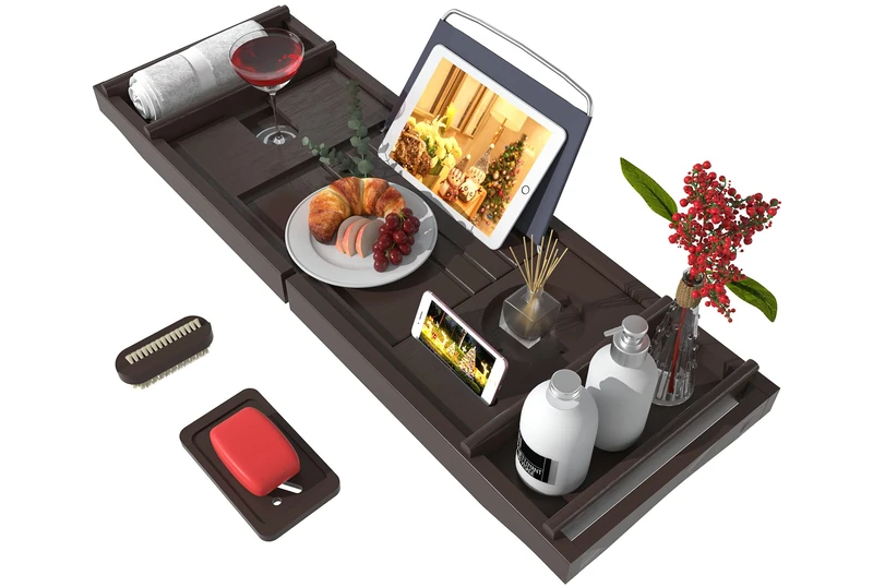 Bathtub Caddy Tray for Luxury Bath - Bamboo Waterproof Expandable Bath Table Over Tub with Wine and Book Holder and Free Soap Dish (Brown)