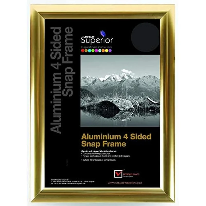 Stewart Superior A1 Aluminium 4 Sided 25mm Front Loading Picture/Poster Snap Frame - Polished Gold Finish
