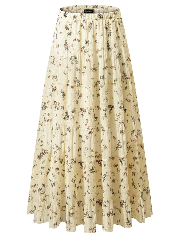 NASHALYLY Women's Maxi Skirt Chiffon High Waist Pleated A-Line Long Skirts (L, FLower-203)