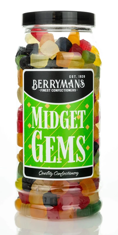 Original Midget Gems Retro Jelly Gummy Sweets Gift Jar By Berrymans Sweet Shop - Classic Sweets, Traditional Taste.