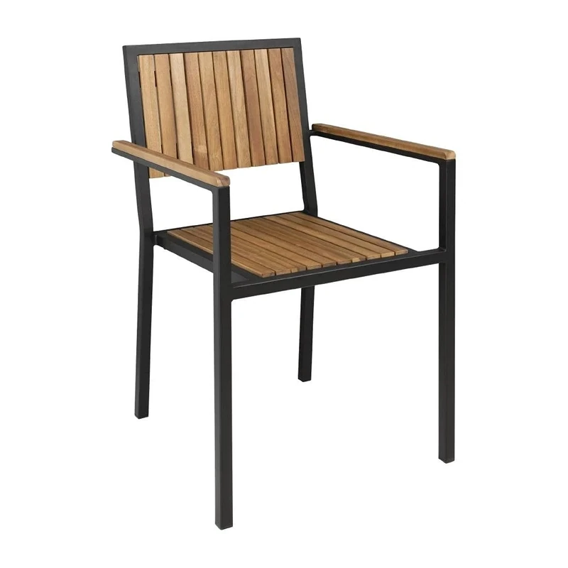 Bolero Steel & Acacia Armchair (4 Pack) - Non-Marking Foot, Wood and Metal Frame, Stackable, Assembled, Indoor and Outdoor Use DS151