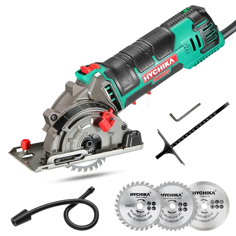 HYCHIKA Mini Circular Saw, with 3pcs Blades (85mm), Scale Ruler, 500W Pure Copper Motor, 4500RPM Ideal for Wood, Soft Metal, Tile and Plastic Cuts