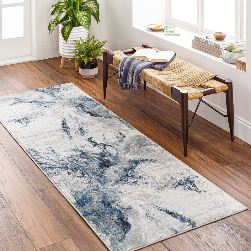 Livabliss New York Abstract – Runner Carpet 80x220 cm for Living Room, Hallway, Dining – Modern Marble Design, Soft Luxurious Medium Pile, Easy Care, Large Bohemian Carpet in Blue, Grey and Beige