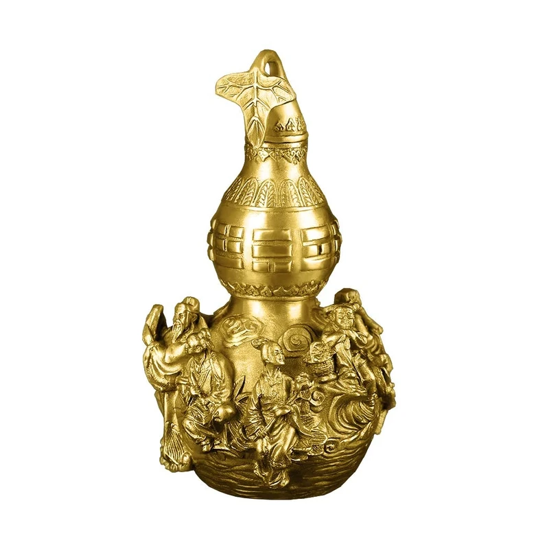 Golden Brass Bagua Gourd Wu Lou Statue 7.5”(H) Feng Shui Taoist Deities Hulu/Calabash Figurine Home Garden Decor Health Prosperity PTZY024