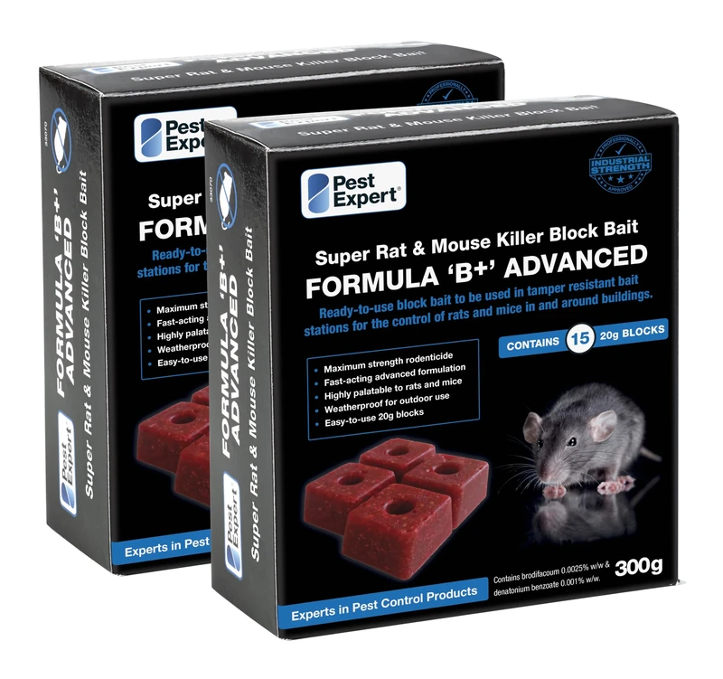Pest Expert Formula 'B+' Advanced Rat & Mouse Killer Poison Bait Blocks Super Strength 600g (2 x 300g) - Premium Single Feed Brodifacoum, Strongest Available Online (1)