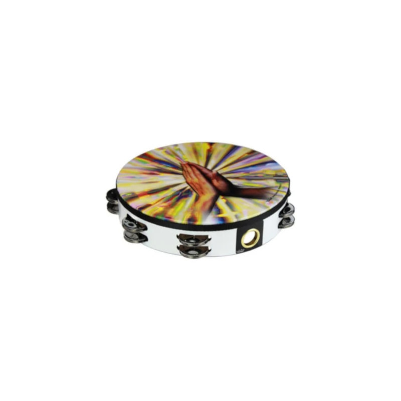 Remo World Percussion Praise Tambourine 10" Double Row – Design: Praying Hands, Acousticon Frame, White, 8 Jingle Pairs, Pre-tuned, Lightweight – TA-9210-00-24