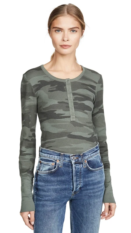 Splendid Women's Thermal Forever Henley Shirt, Olive Branch Camo, XS