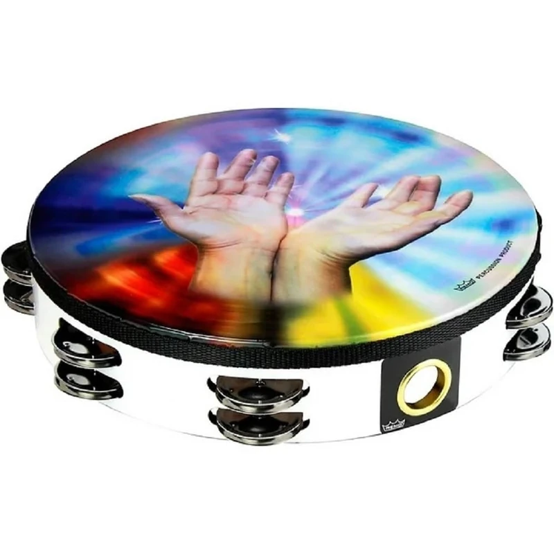 Remo World Percussion Praise Tambourine 10" Double Row – Design: Sustaining Hands, Acousticon Frame, White, 8 Jingle Pairs, Pre-tuned, Lightweight – TA-9210-00-21 - Image 1