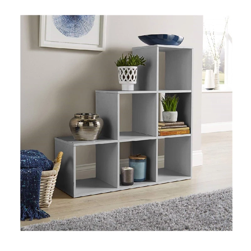 Home Source Step Style Storage 6 Cube Bookcase Wooden Display Staircase, Grey