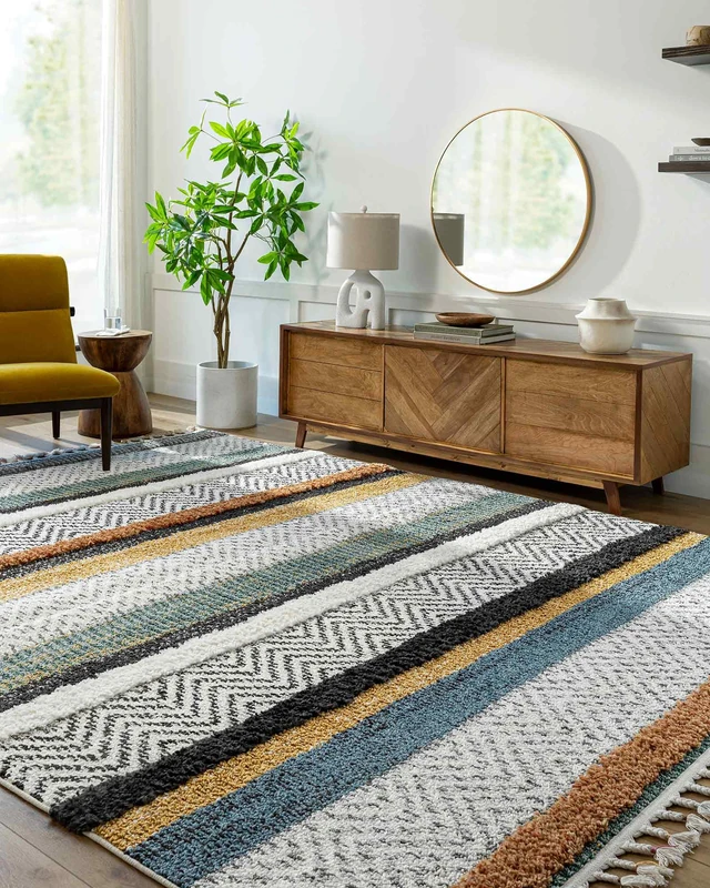 Livabliss Cascadena Akabli Shaggy Carpet Runner 60x90 cm, Soft Plush Thick Pile for Hallway & Bedroom, Neutral Boho Design, Easy Care, Ivory Mustard Blue Orange
