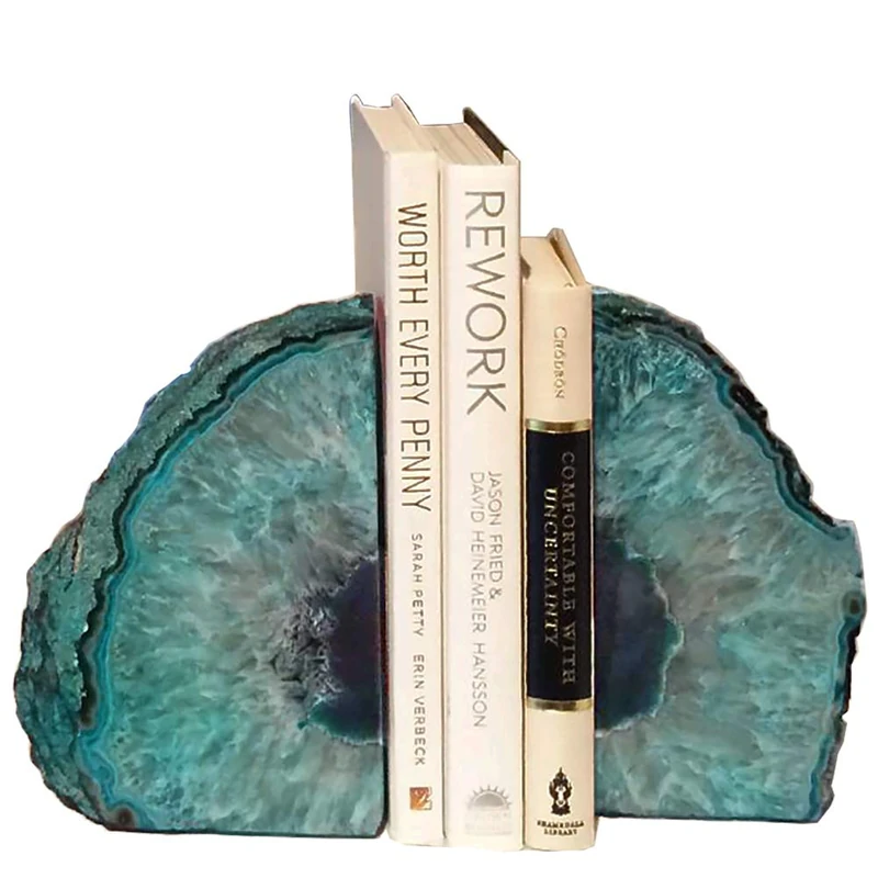 AMOYSTONE Decorative Bookends Agate Polished Art Book end Dyed Teal Small(1 Pairs, 2-3 LBS) - Image 1