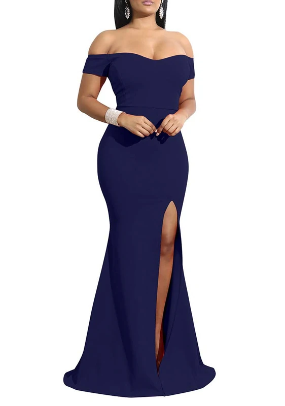 YMDUCH Women's Off Shoulder High Split Long Formal Party Dress Evening Gown, Royal Blue, XXL