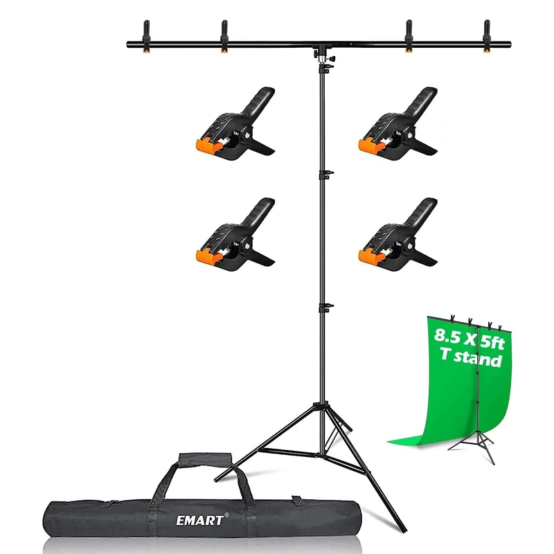 EMART T-Shape Backdrop Stand Kit 1.5m x2.6m/5ft x 8.5ft (WxH), Height Adjustable Portable Photo Background Support with 4 Spring Clamps for Streaming, Photography, Party, Wedding - Image 1