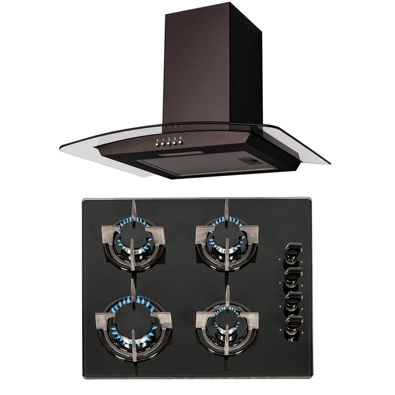 SIA 60cm Black 4 Burner Gas On Glass Hob And Curved Glass Cooker Hood Extractor