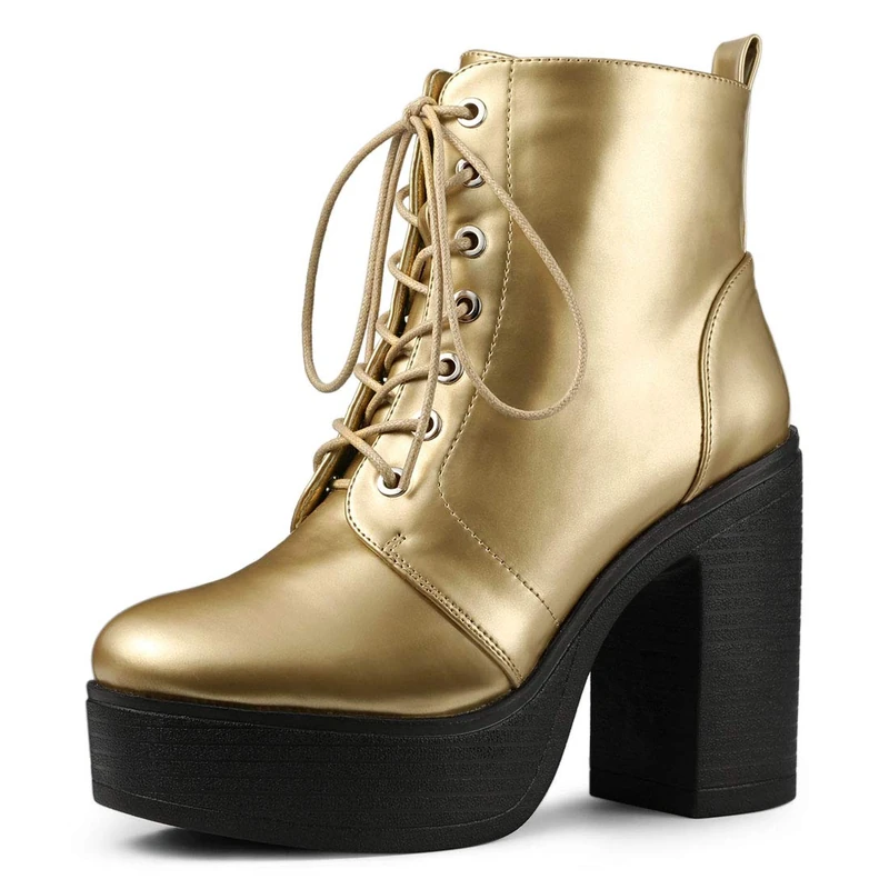 Allegra K Women's Platform Chunky High Heel Lace Up Combat Boots Gold 7 UK/Label Size 9 US