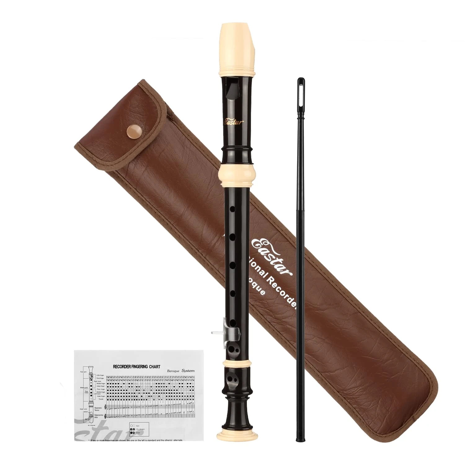 Eastar Soprano Recorder for Beginners Kids, Baroque style C Key ABS Classic 3 Piece with Cleaning Kit, Thumb Rest, Leather Bag, Fingering Chart, Brown, ERS-21BB