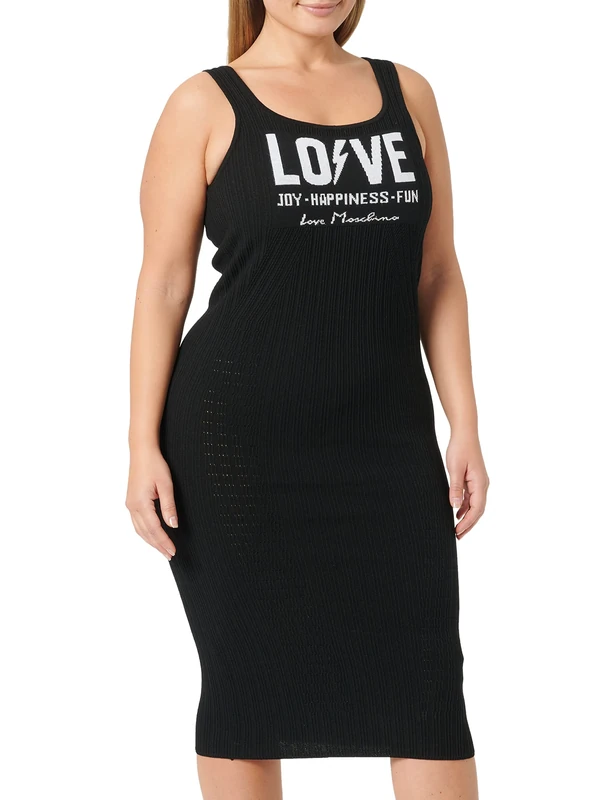 Love Moschino Women's Sleeveless Long Ribbed Dress_Logo & Flash Print, Black (Black C), 10 (Size: 42)