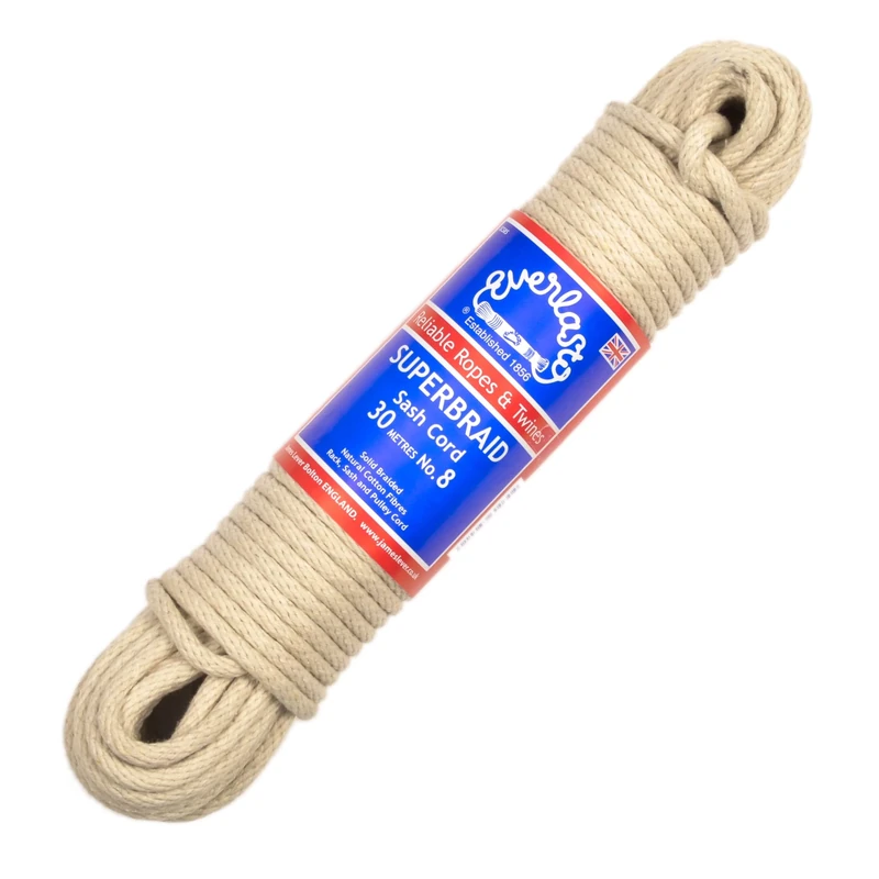 Everlasto UK Made 'Superbraid' Solid Braided Natural Cotton Sash Cord - No.8 (6.5MM) (6.5mm x 100M)